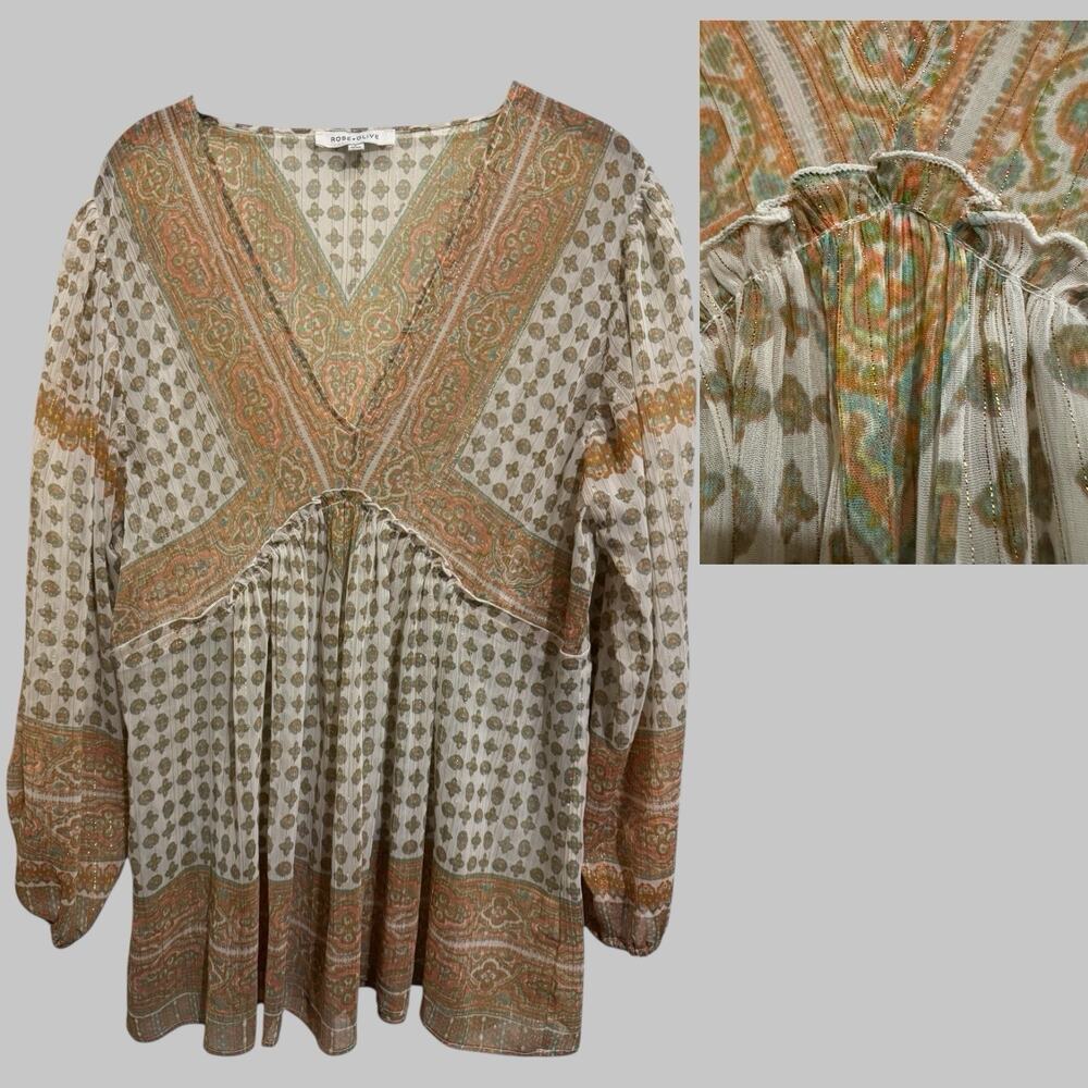 Rose & Olive Metallic Sheer Long Sleeve Blouse Top Fairy Whimsigoth Hippie L